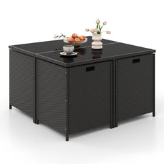 9 PCS Outdoor Dining Furniture Set with Tempered Glass Table and Ottomans