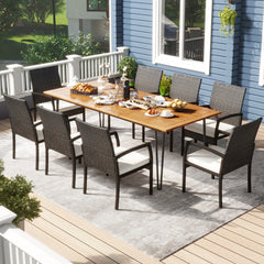 9 Pieces Outdoor Patio Dining Set with Soft Cushions and Acacia Wood Square Table