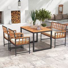 4 Pieces Acacia Wood Patio Dining Set with 1 Rectangular Table and Loveseat