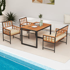 4 Pieces Acacia Wood Patio Dining Set with 1 Rectangular Table and Loveseat