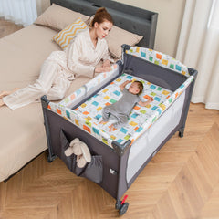 5-in-1 Foldable Baby Playpen Bedside Crib with Music Box