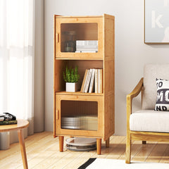 3-Cube Bamboo Storage Cabinet with Open Compartment and 2 Acrylic Doors