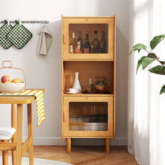3-Cube Bamboo Storage Cabinet with Open Compartment and 2 Acrylic Doors