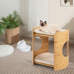 2-Tier Cute Small Cat Tree for Indoor Cats with Natural Bamboo Frame