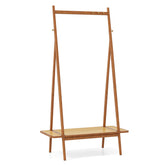 Bamboo Clothes Rack with Hanging Rod Rattan Shelf and Copper Hooks