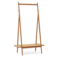 Bamboo Clothes Rack with Hanging Rod Rattan Shelf and Copper Hooks