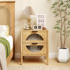 Bamboo Nightstand with 2 Storage Drawers and Reeded Tempered Glass Fronts