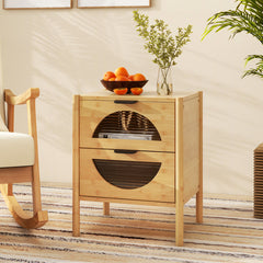 Bamboo Nightstand with 2 Storage Drawers and Reeded Tempered Glass Fronts