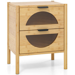 Bamboo Nightstand with 2 Storage Drawers and Reeded Tempered Glass Fronts