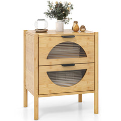 Bamboo Nightstand with 2 Storage Drawers and Reeded Tempered Glass Fronts