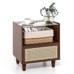 Bamboo Rattan Nightstand with Drawer and Solid Wood Legs