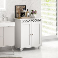 Freestanding Bathroom Cabinet Floor Storage Organizer with Adjustable Shelf and Solid Wood Legs