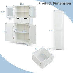 4 Door Freestanding Bathroom Floor Storage Cabinet with 2 Drawers and Glass Doors