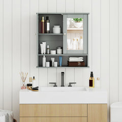 Double Door Wall-Mounted Bathroom Mirror Cabinet with Storage Shelf