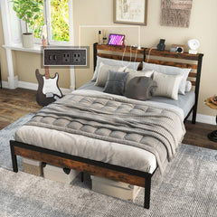 Twin/Full/Queen Size Bed Frame with Charging Station and Storage Headboard