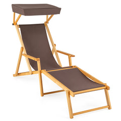 Birch Wood Chaise Lounge Chair Foldable Beach Chair with Adjustable Canopy