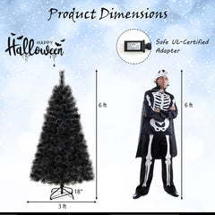 6/7/8 Feet Black Artificial Halloween Christmas Tree with PVC Branch Tips and 210/320/450 Cool White LED Lights