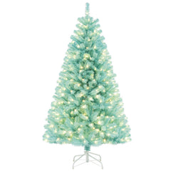 6/7 FT Blue Artificial Christmas Tree with 280/380 Warm White LED Lights and Foldable Metal Stand