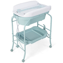 Folding Baby Changing Table with Bathtub and 4 Universal Wheels In Blue