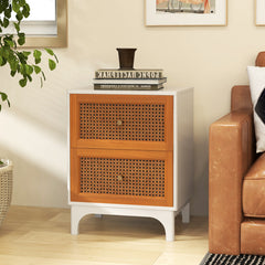 Boho Accent Table Nightstand with 2 Handwoven Rattan Decorated Drawers