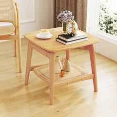 Boho Bamboo Sofa Side Table with Faux Rattan Storage Shelf