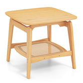 Boho Bamboo Sofa Side Table with Faux Rattan Storage Shelf