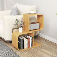 2-Tier S-Shaped Bamboo Bookcase with 2 Open Cubes for Living Room Study
