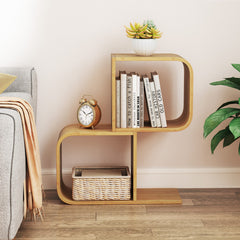 2-Tier S-Shaped Bamboo Bookcase with 2 Open Cubes for Living Room Study