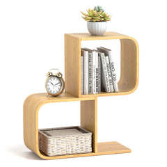 2-Tier S-Shaped Bamboo Bookcase with 2 Open Cubes for Living Room Study