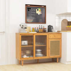 Modern Bamboo Buffet Sideboard Cabinet with Tempered Glass Sliding Doors