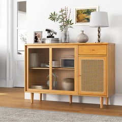 Modern Bamboo Buffet Sideboard Cabinet with Tempered Glass Sliding Doors