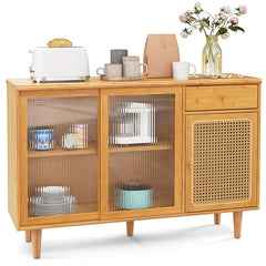 Modern Bamboo Buffet Sideboard Cabinet with Tempered Glass Sliding Doors