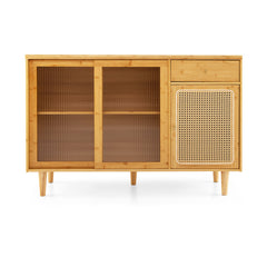 Modern Bamboo Buffet Sideboard Cabinet with Tempered Glass Sliding Doors