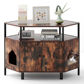 Corner Cat Litter Box Enclosure with Open Shelf 2 Entrances and Metal Legs