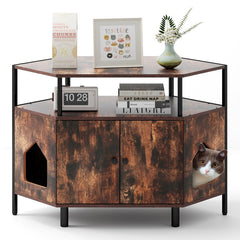 Corner Cat Litter Box Enclosure with Open Shelf 2 Entrances and Metal Legs