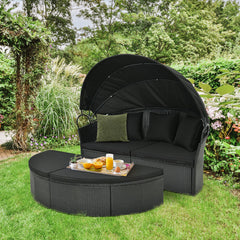 Clamshell Patio Round Daybed Wicker with Retractable Canopy and Pillows