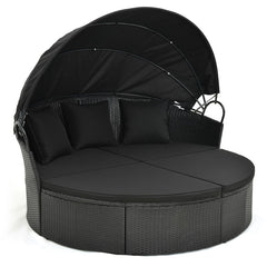 Clamshell Patio Round Daybed Wicker with Retractable Canopy and Pillows