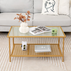 2-Tier Coffee Table with Shelf Center Tea Table with Tempered Glass Top