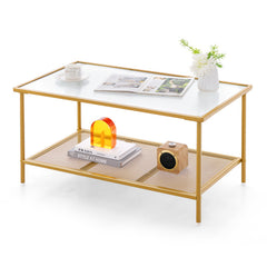 2-Tier Coffee Table with Shelf Center Tea Table with Tempered Glass Top