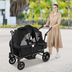 2 Seater Push Pull Collapsible Kids Wagon Stroller with Adjustable Handlebars