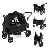 2 Seater Push Pull Collapsible Kids Wagon Stroller with Adjustable Handlebars