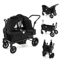 2 Seater Push Pull Collapsible Kids Wagon Stroller with Adjustable Handlebars