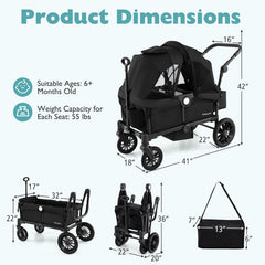 2 Seater Push Pull Collapsible Kids Wagon Stroller with Adjustable Handlebars