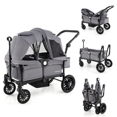 2 Seater Push Pull Collapsible Kids Wagon Stroller with Adjustable Handlebars