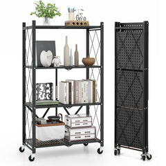 4-Tier Foldable Storage Shelf Collapsible Storage Rack with Lockable Wheels