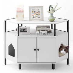 Corner Cat Litter Box Enclosure with Open Shelf 2 Entrances and Metal Legs