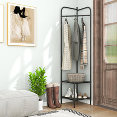 Corner Coat Rack with Top Hanger and 2 Mesh Shelves for Entryway Hallway Living Room Bedroom