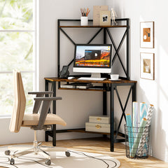 Space-Saving Corner Computer Desk with with Hutch and Keyboard Tray