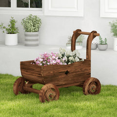 Decorative Wooden Wagon Cart with Handle Wheels and Drainage Hole