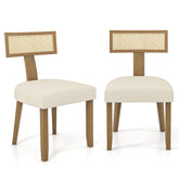 Set of 2 Linen Fabric Upholstered Accent Dining Chairs with Curved Rattan Backrests
